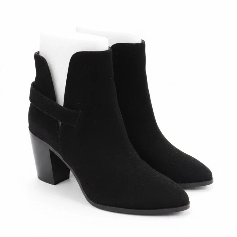 Laicigo Women's suede Chelsea Ankle Booties Black V-Cut gold buckle Pointed Toe - Picture 4 of 7